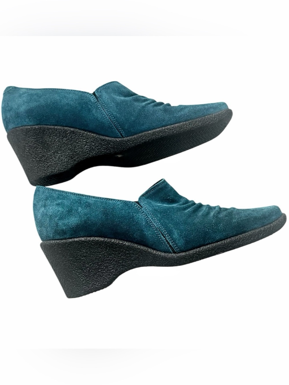 Aquatalia by Marvin K Teal Suede Slip On Comfort High Wedge Ruched Sz 6.5